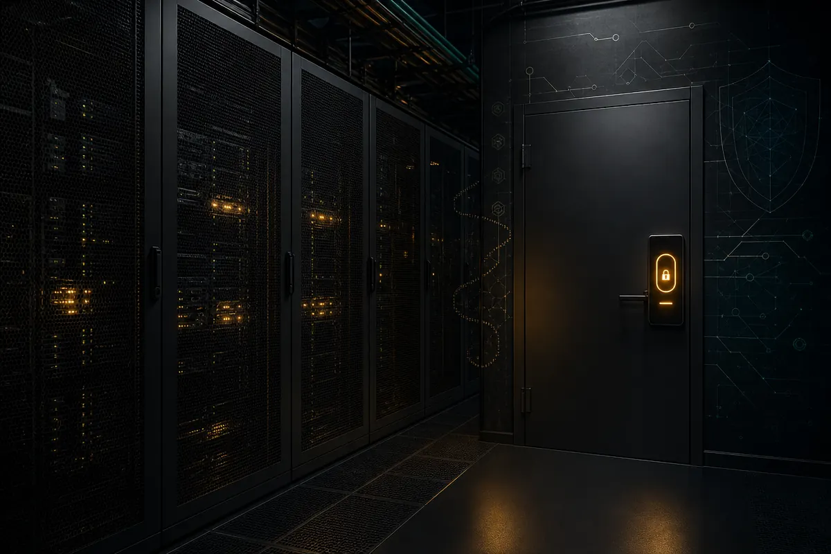Rows of data centre racks with cool lighting and structured cabling.